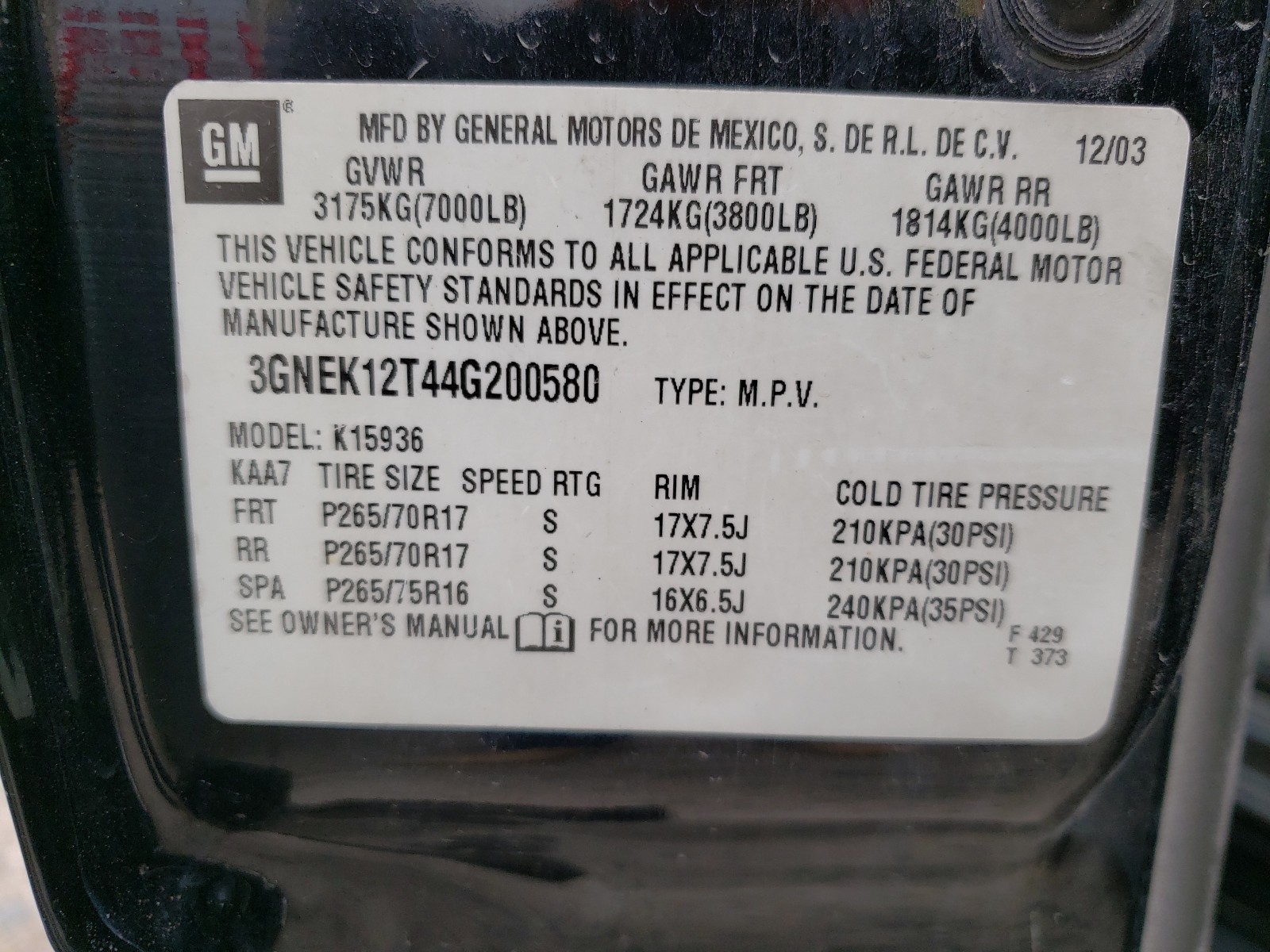 Photo 10 from auction – 2004 CHEVROLET AVALANCHE with VIN 3GNEK12T44G200580