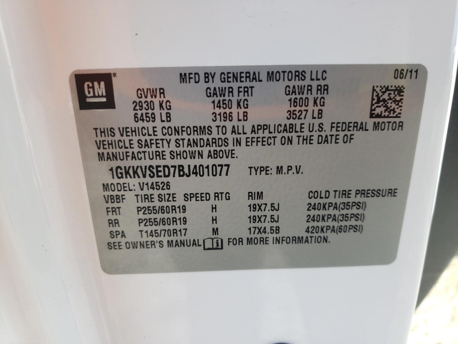 Photo 10 from auction – 2011 GMC ACADIA SLT with VIN 1GKKVSED7BJ401077