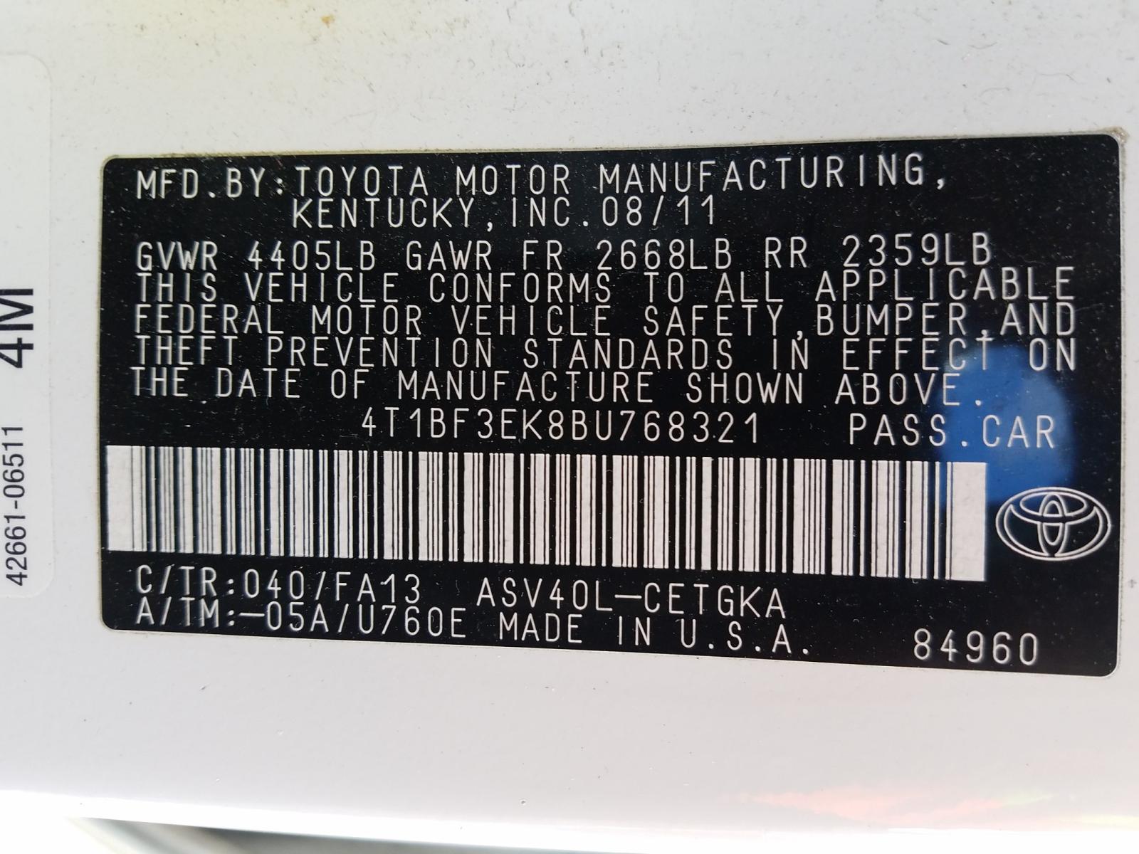 Photo 10 from auction – 2011 TOYOTA CAMRY BASE with VIN 4T1BF3EK8BU768321