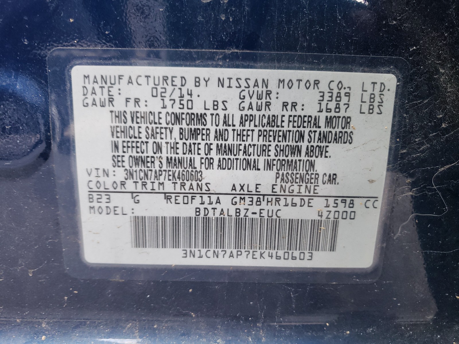 Photo 10 from auction – 2014 NISSAN VERSA S with VIN 3N1CN7AP7EK460603