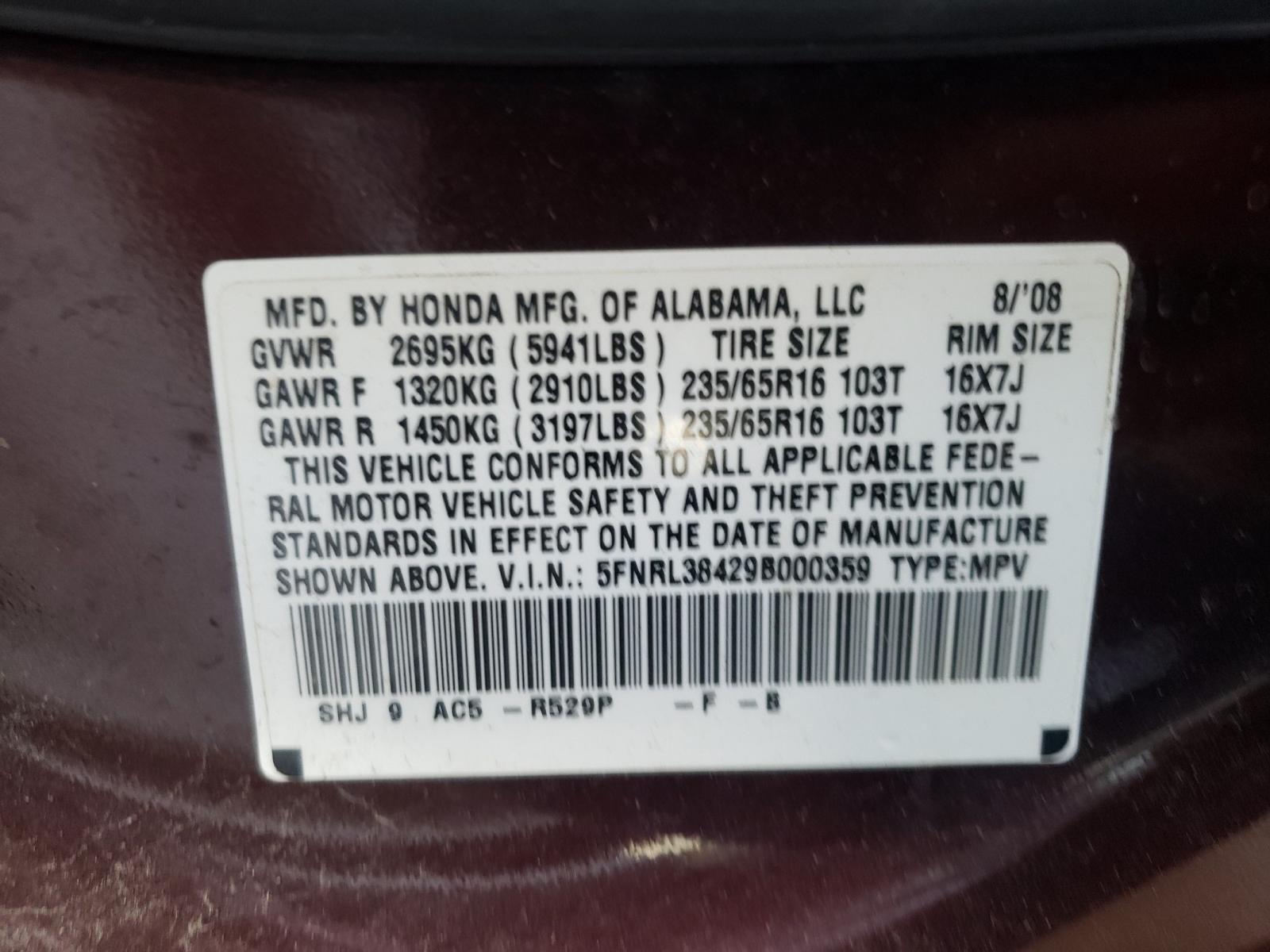 Photo 10 from auction – 2009 HONDA ODYSSEY EX with VIN 5FNRL38429B000359