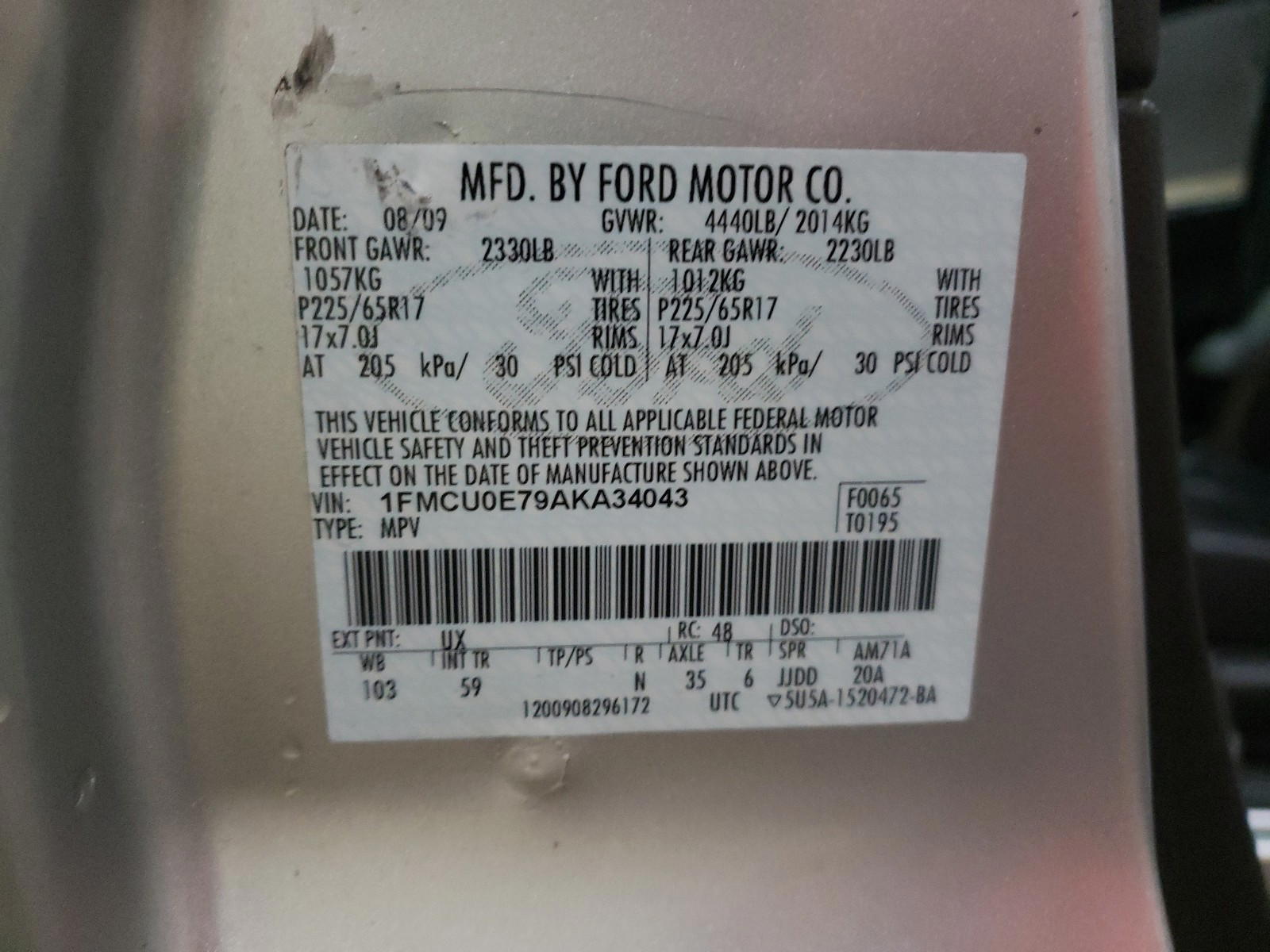 Photo 10 from auction – 2010 FORD ESCAPE LIM with VIN 1FMCU0E79AKA34043