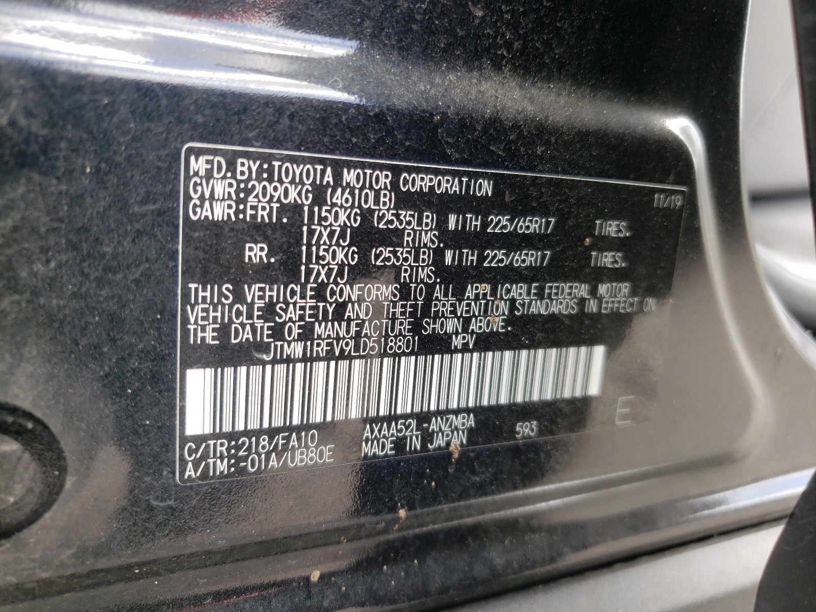 Photo 10 from auction – 2020 TOYOTA RAV4 XLE with VIN JTMW1RFV9LD518801