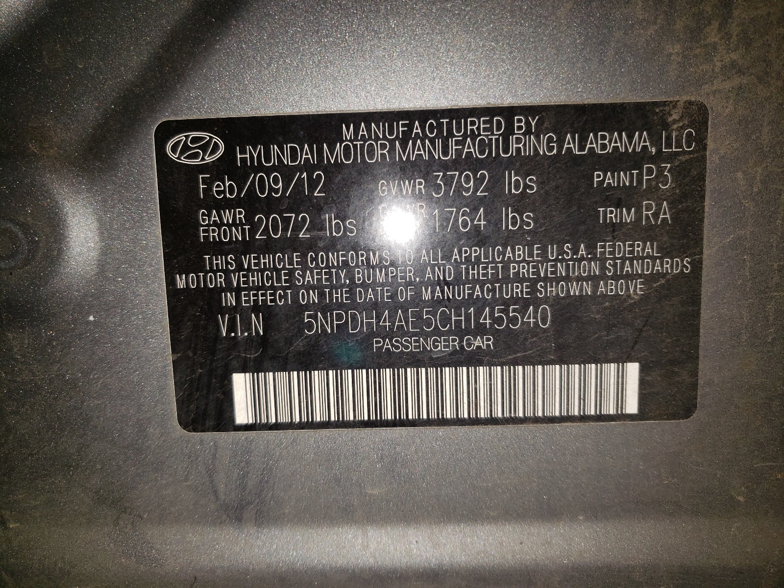 Photo 10 from auction – 2012 HYUNDAI ELANTRA GL with VIN 5NPDH4AE5CH145540