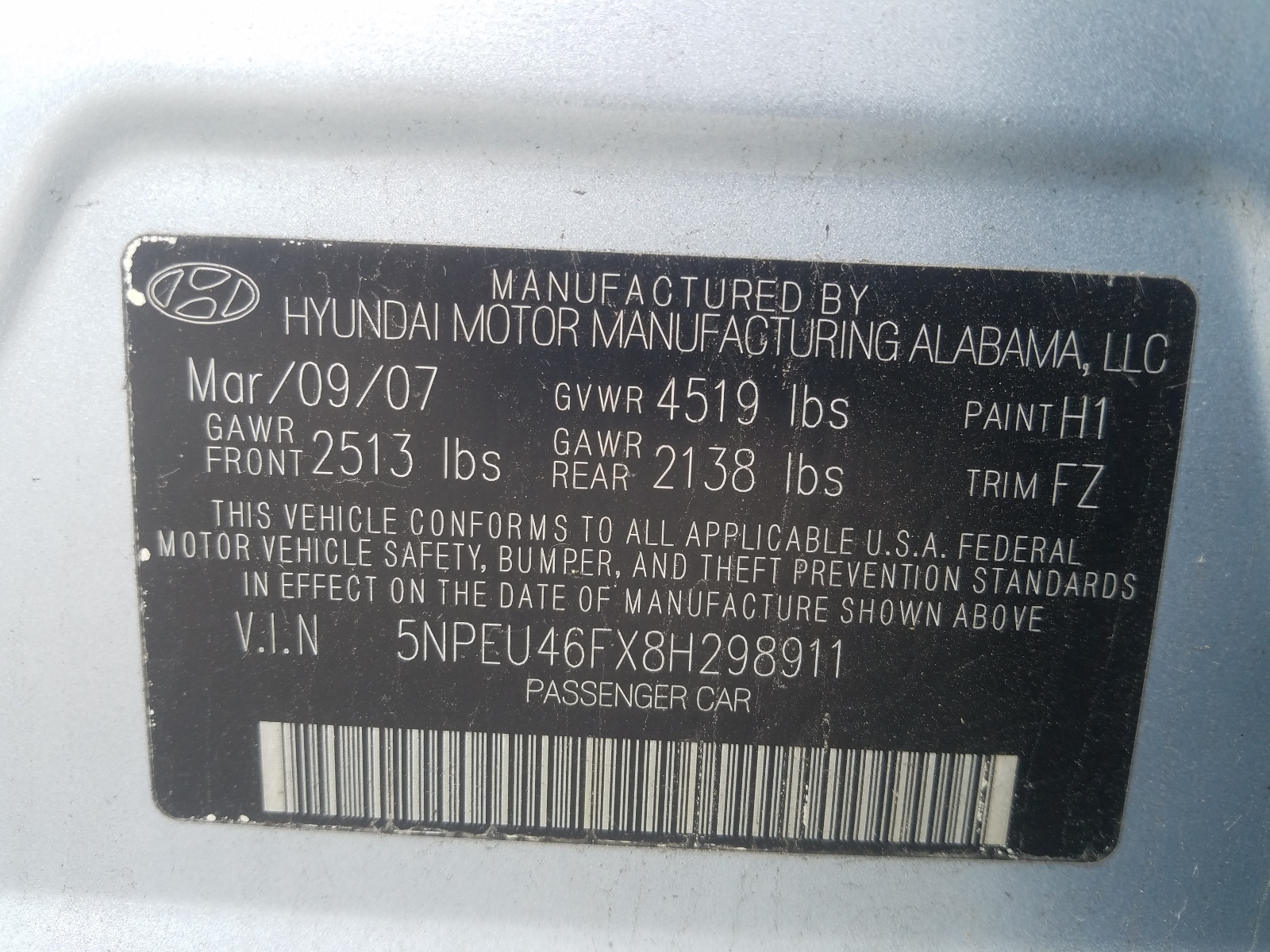 Photo 10 from auction – 2008 HYUNDAI SONATA SE with VIN 5NPEU46FX8H298911