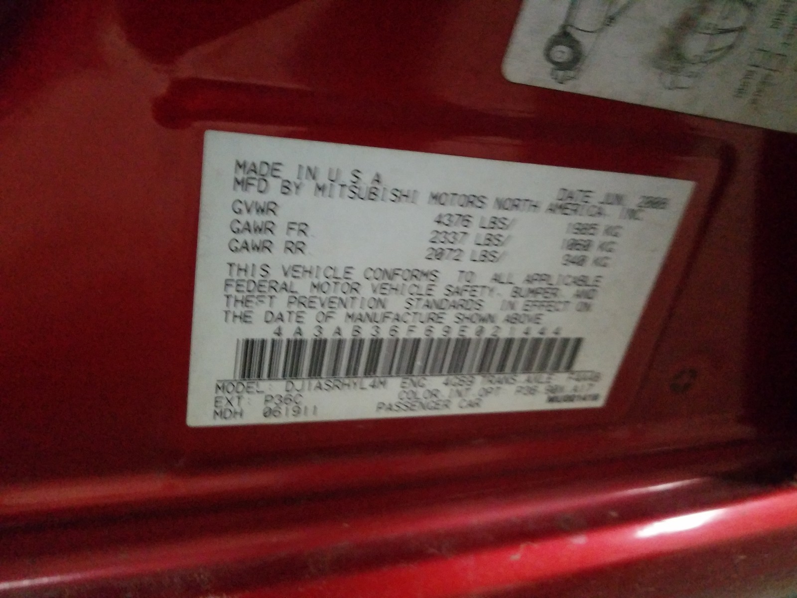 Photo 10 from auction – 2009 MITSUBISHI GALANT ES with VIN 4A3AB36F69E021444