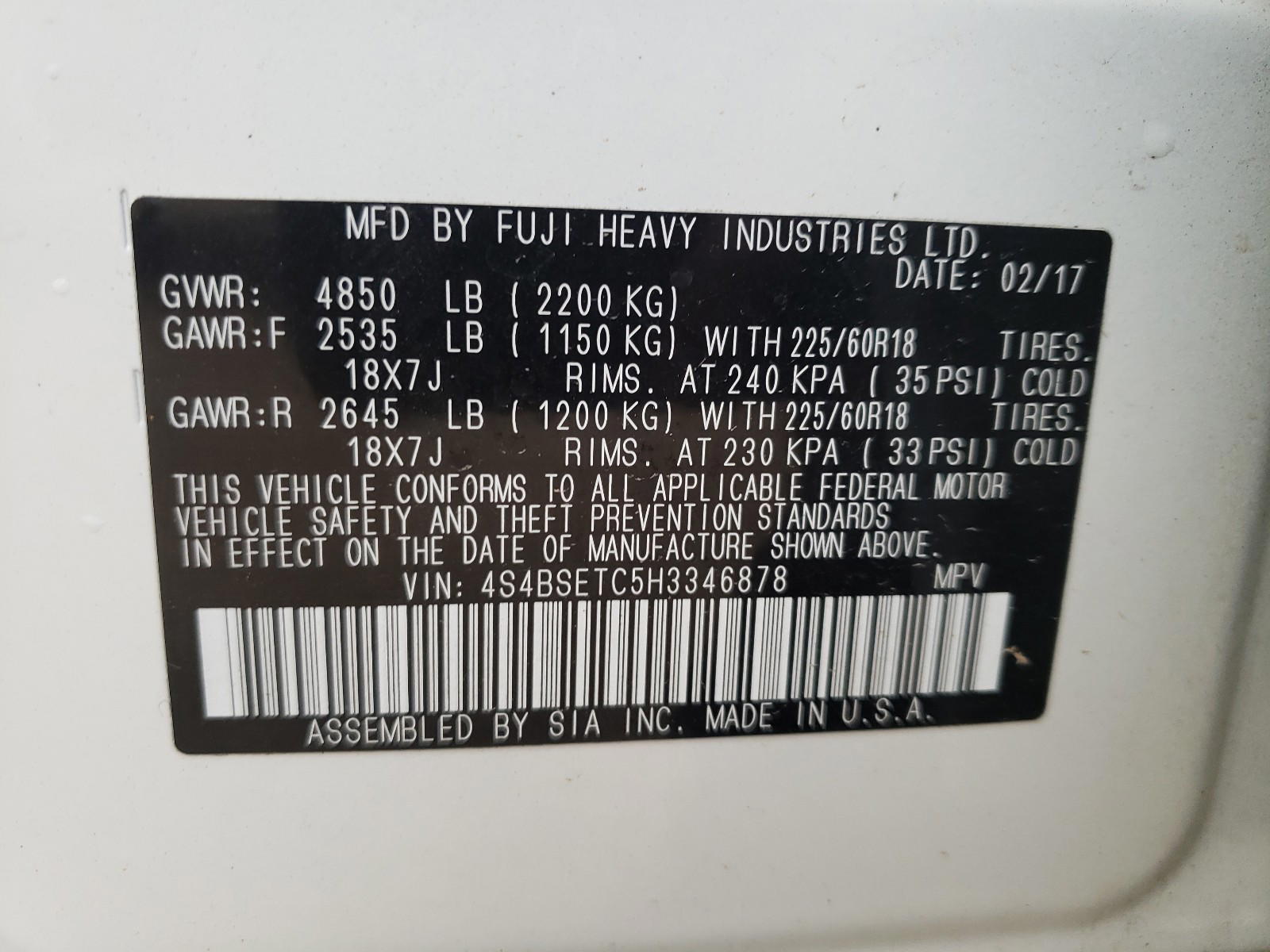 Photo 10 from auction – 2017 SUBARU OUTBACK TO with VIN 4S4BSETC5H3346878