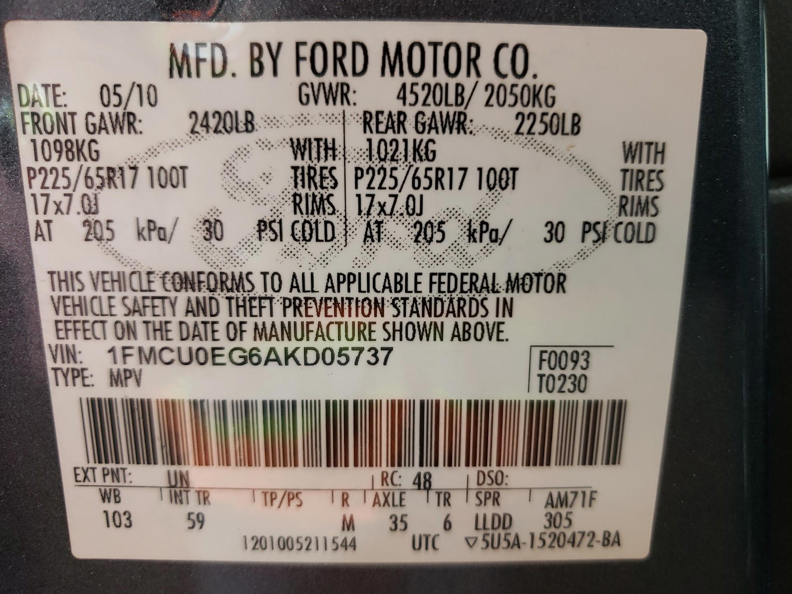 Photo 10 from auction – 2010 FORD ESCAPE LIM with VIN 1FMCU0EG6AKD05737