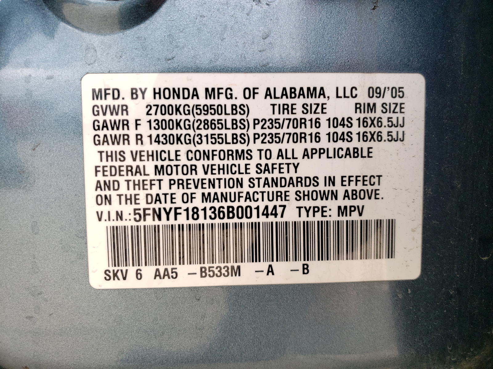 Photo 10 from auction – 2006 HONDA PILOT LX with VIN 5FNYF18136B001447