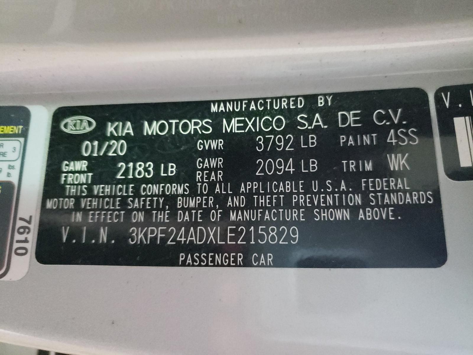 Photo 10 from auction – 2020 KIA FORTE FE with VIN 3KPF24ADXLE215829
