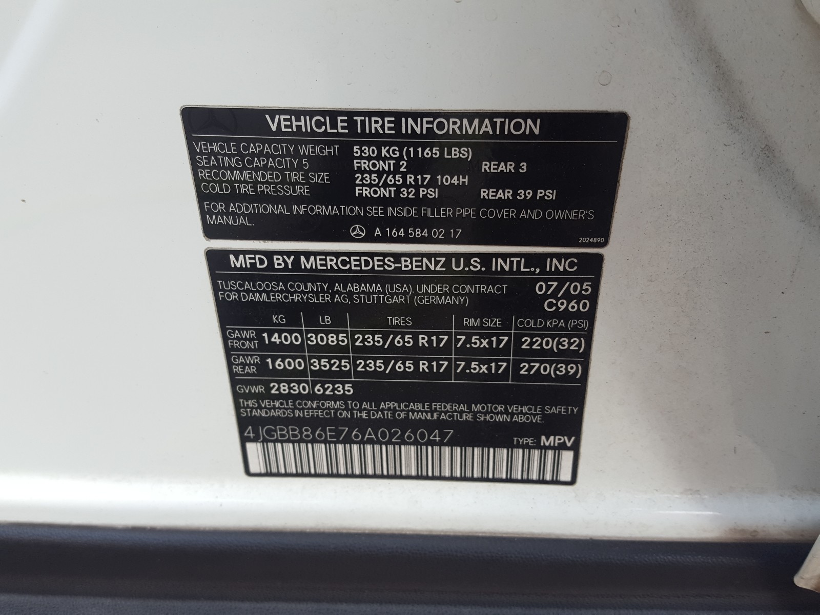Photo 10 from auction – 2006 MERCEDES-BENZ ML 350 with VIN 4JGBB86E76A026047