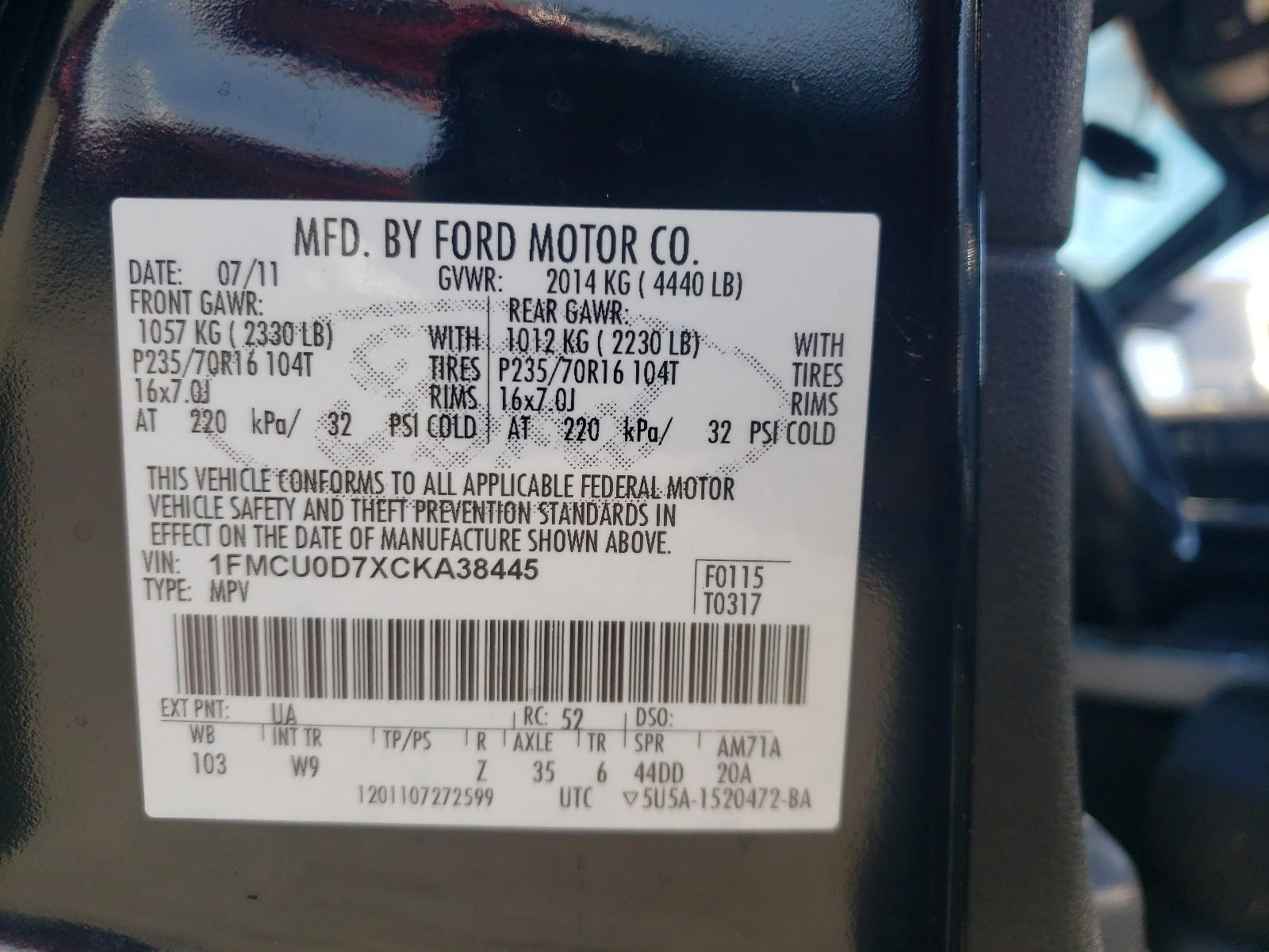 Photo 10 from auction – 2012 FORD ESCAPE XLT with VIN 1FMCU0D7XCKA38445