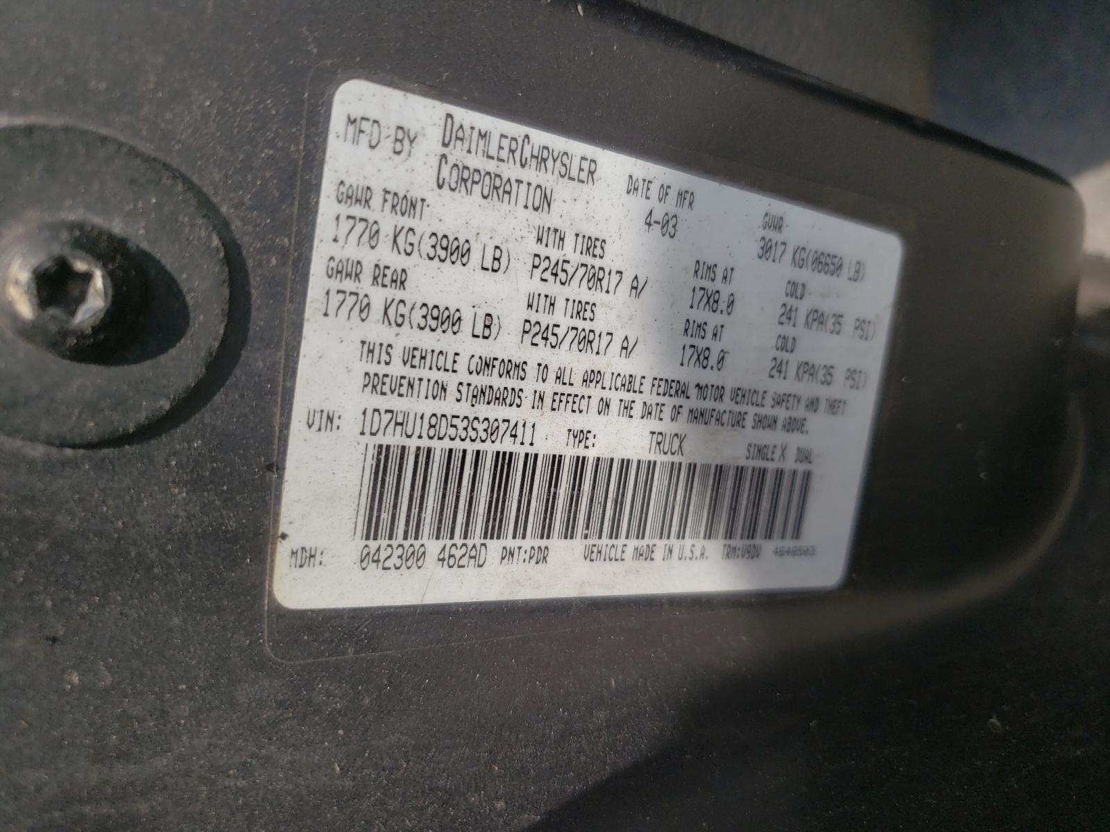 Photo 10 from auction – 2003 DODGE RAM 1500 S with VIN 1D7HU18D53S307411