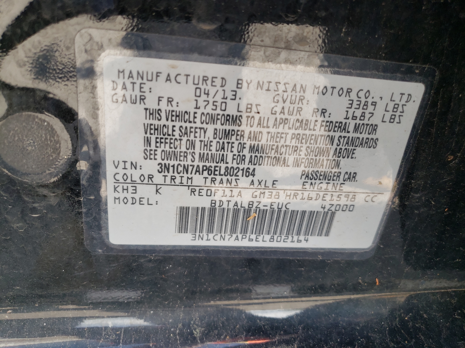 Photo 10 from auction – 2014 NISSAN VERSA S with VIN 3N1CN7AP6EL802164