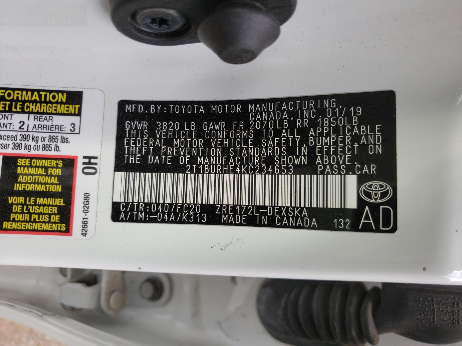 Photo 10 from auction – 2019 TOYOTA COROLLA L with VIN 2T1BURHE4KC234653