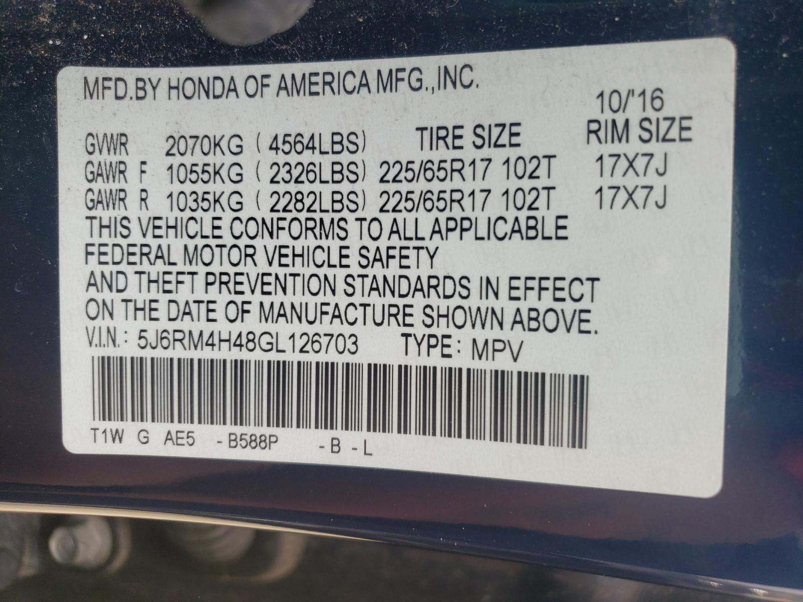Photo 10 from auction – 2016 HONDA CR-V SE with VIN 5J6RM4H48GL126703