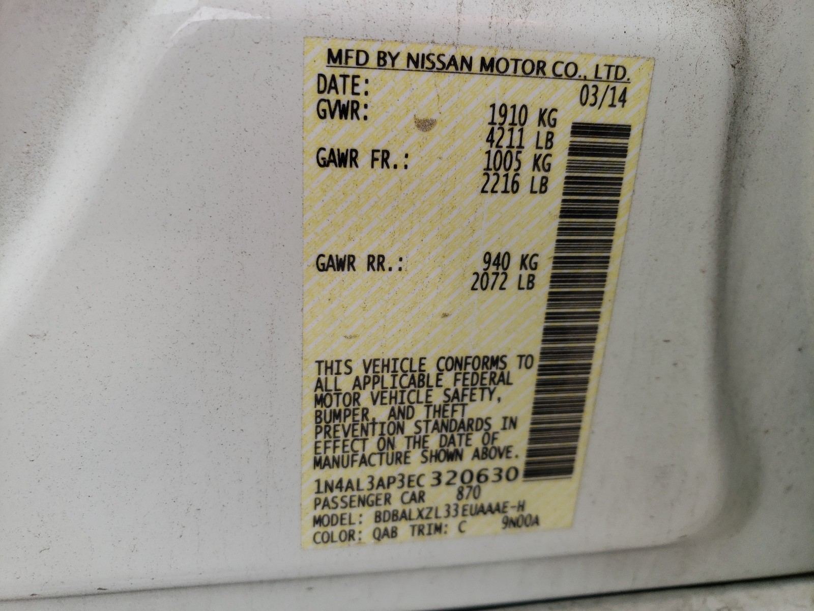 Photo 10 from auction – 2014 NISSAN ALTIMA 2.5 with VIN 1N4AL3AP3EC320630