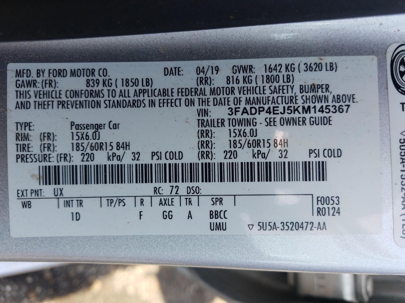 Photo 10 from auction – 2019 FORD FIESTA SE with VIN 3FADP4EJ5KM145367