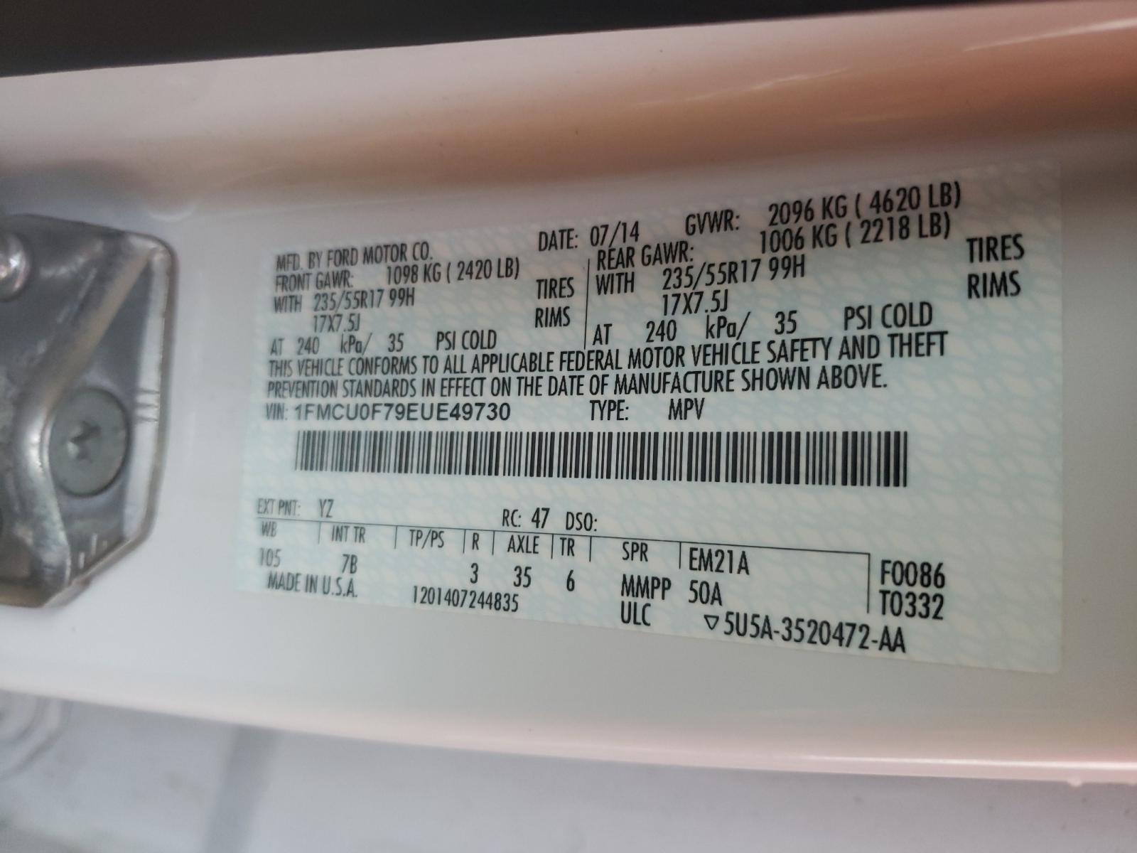 Photo 10 from auction – 2014 FORD ESCAPE S with VIN 1FMCU0F79EUE49730