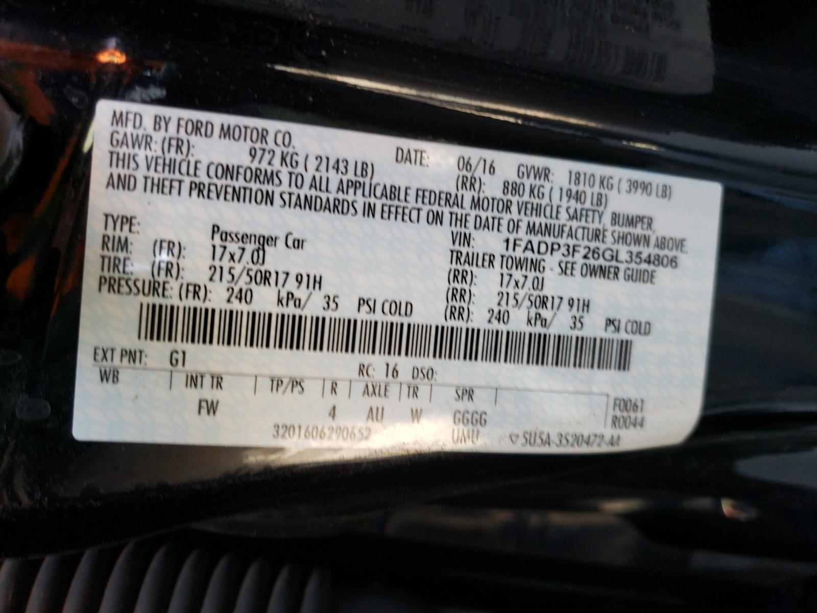Photo 10 from auction – 2016 FORD FOCUS SE with VIN 1FADP3F26GL354806