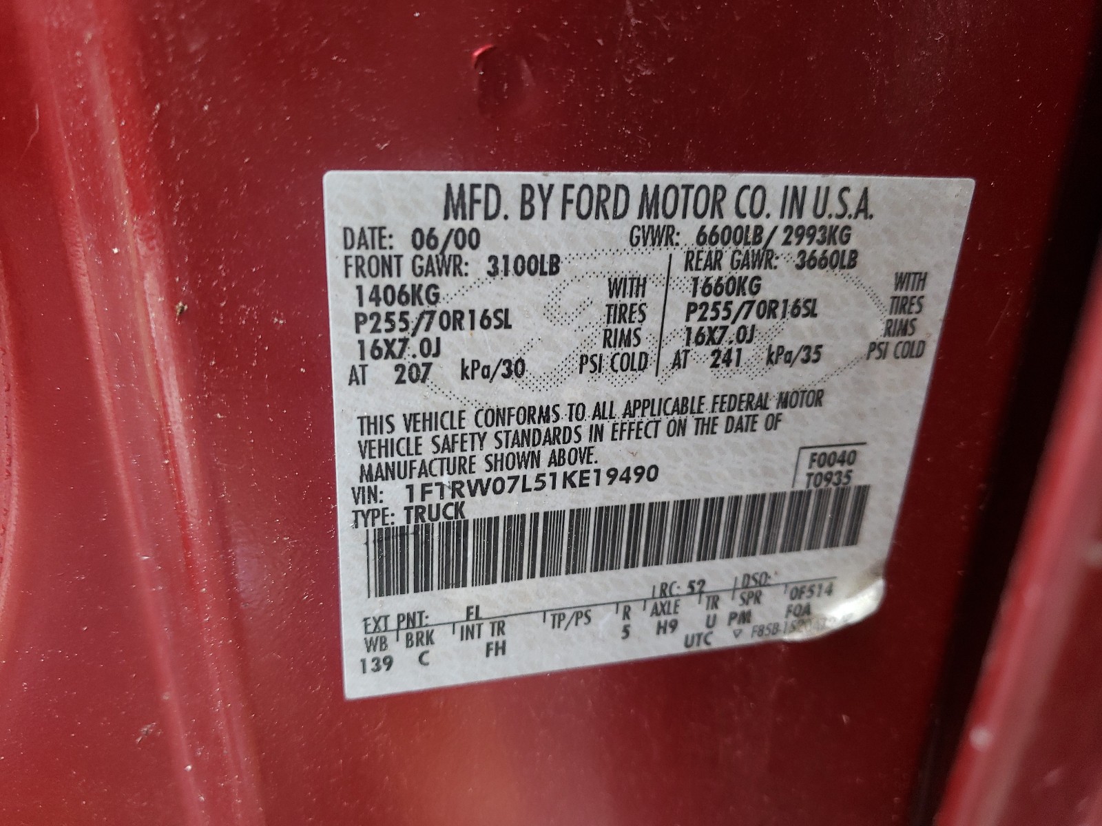 Photo 10 from auction – 2001 FORD F150 SUPER with VIN 1FTRW07L51KE19490