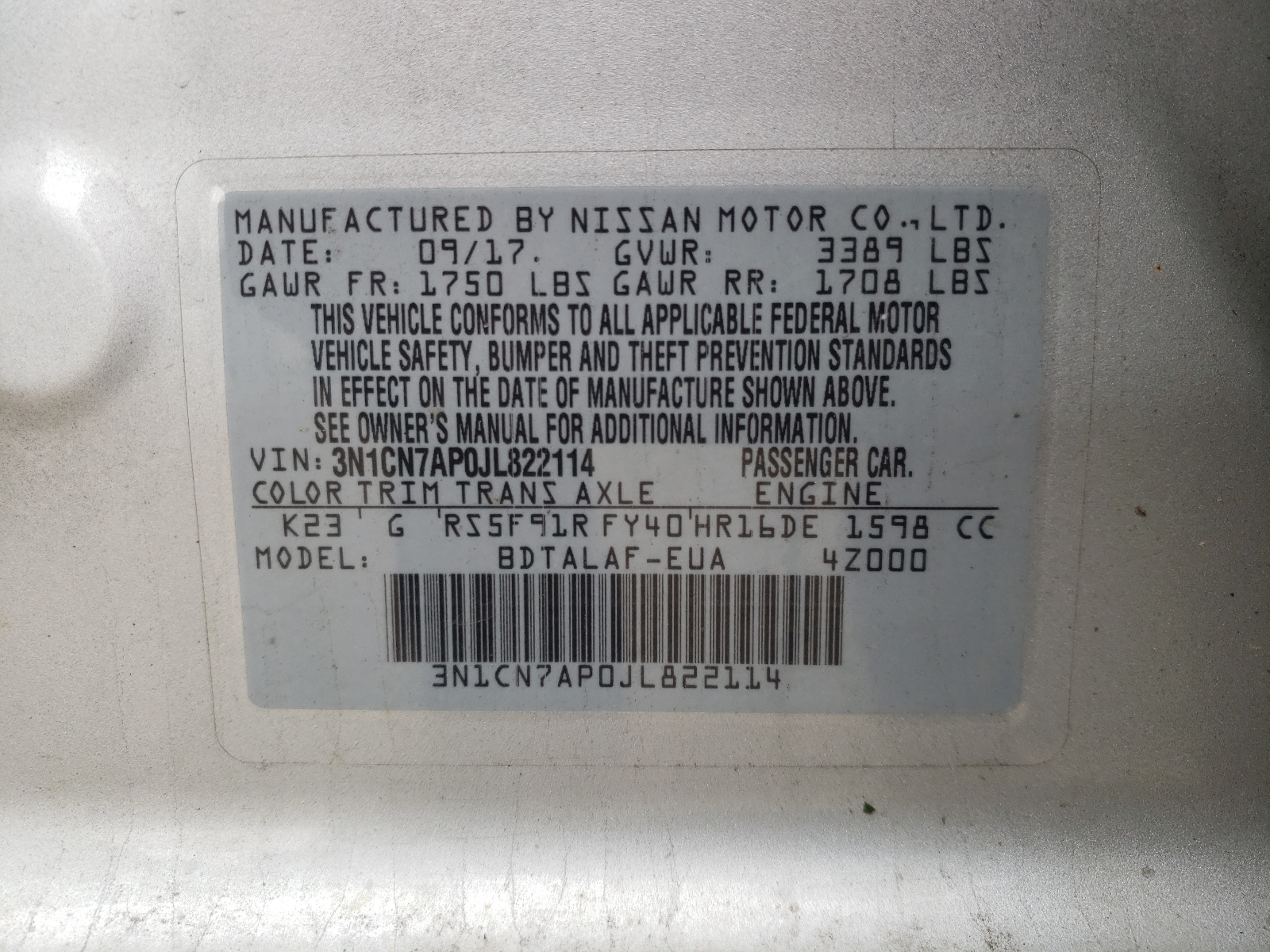 Photo 10 from auction – 2018 NISSAN VERSA S with VIN 3N1CN7AP0JL822114
