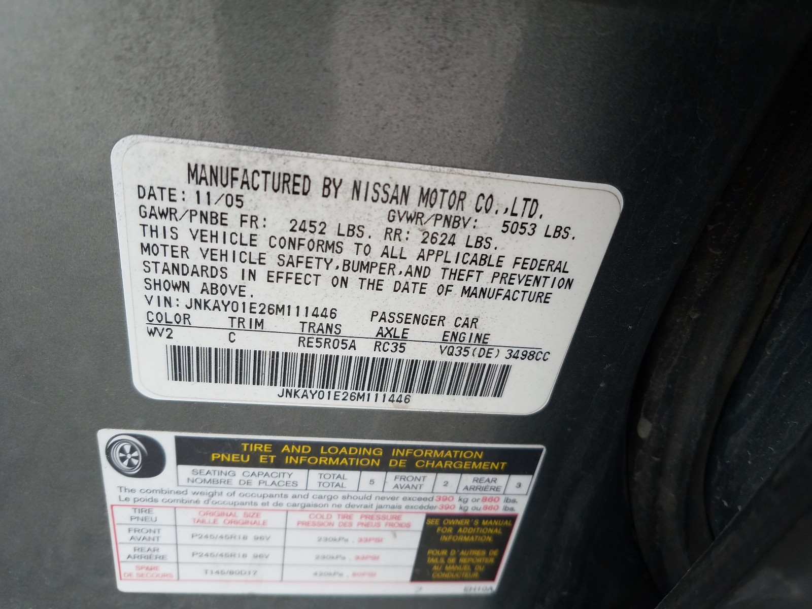 Photo 10 from auction – 2006 INFINITI M35 BASE with VIN JNKAY01E26M111446