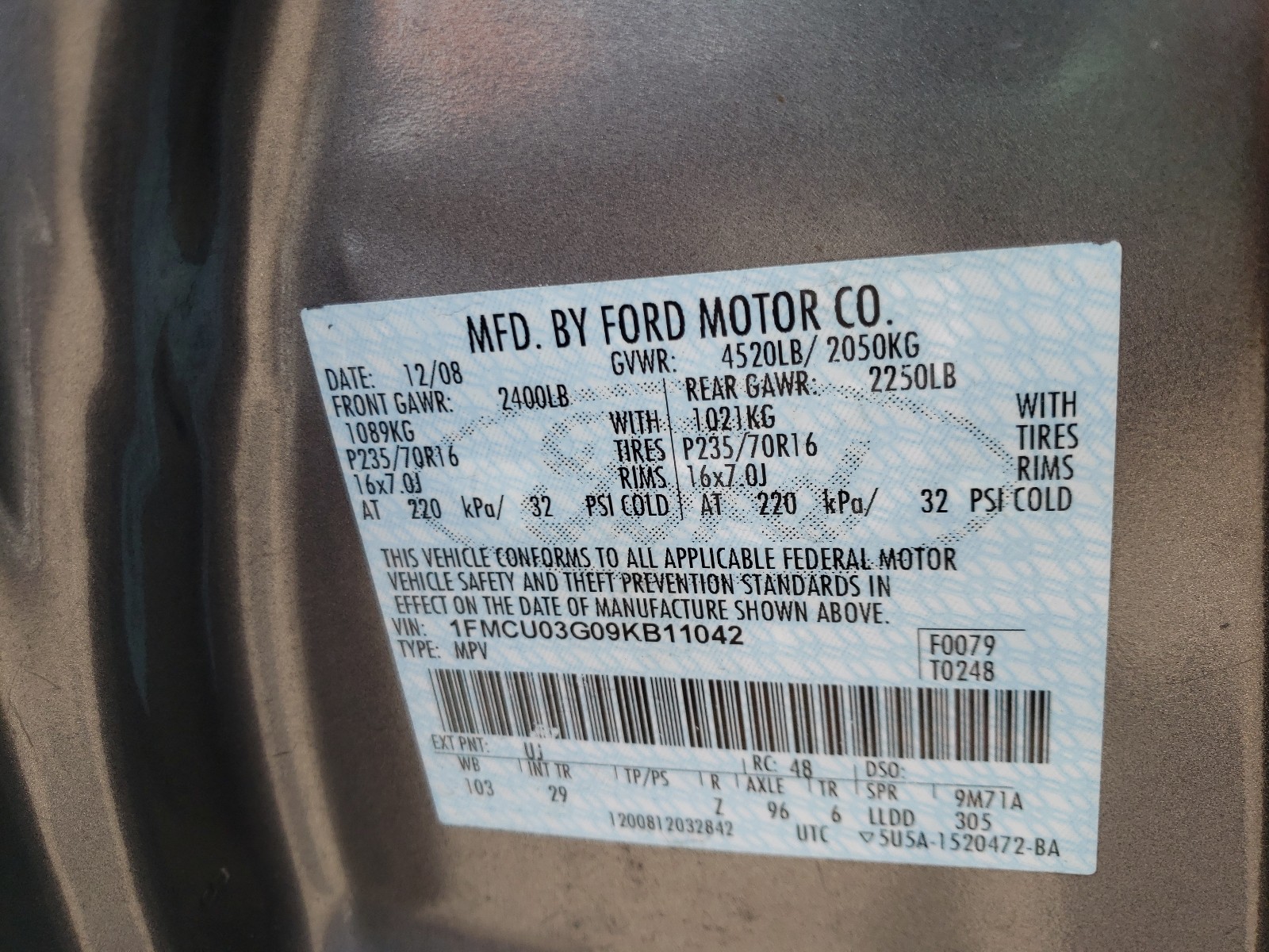 Photo 10 from auction – 2009 FORD ESCAPE XLT with VIN 1FMCU03G09KB11042