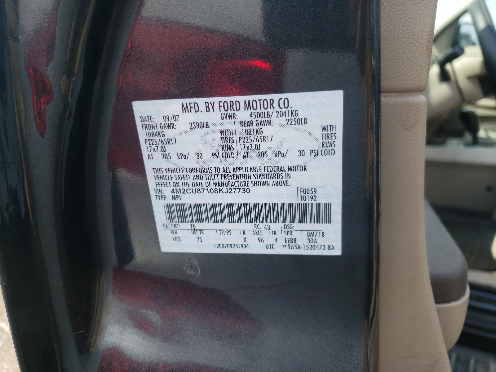 Photo 10 from auction – 2008 MERCURY MARINER with VIN 4M2CU87108KJ27730