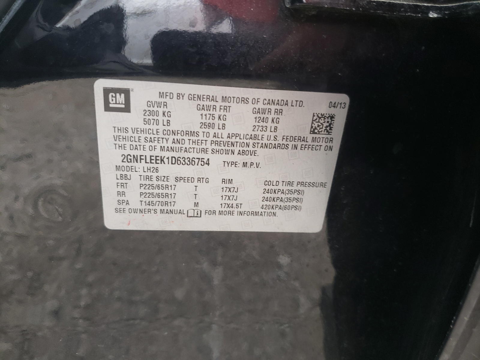 Photo 10 from auction – 2013 CHEVROLET EQUINOX LT with VIN 2GNFLEEK1D6336754