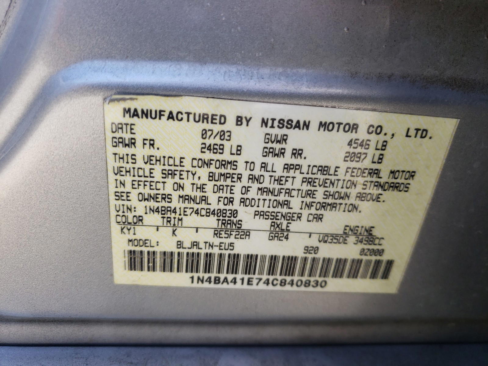 Photo 10 from auction – 2004 NISSAN MAXIMA SE with VIN 1N4BA41E74C840830