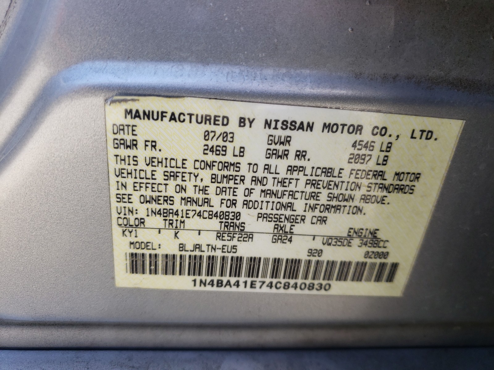 Zdjęcie 10 z aukcji – 2004 NISSAN MAXIMA SE z VIN 1N4BA41E74C840830