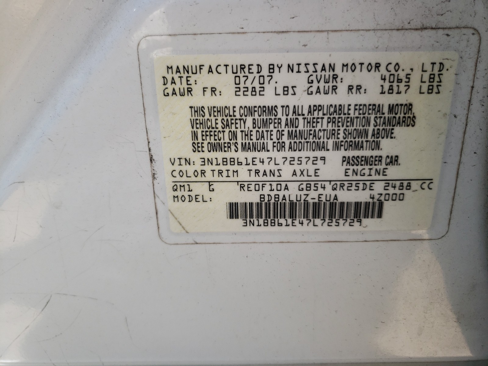 Photo 10 from auction – 2007 NISSAN SENTRA SE- with VIN 3N1BB61E47L725729