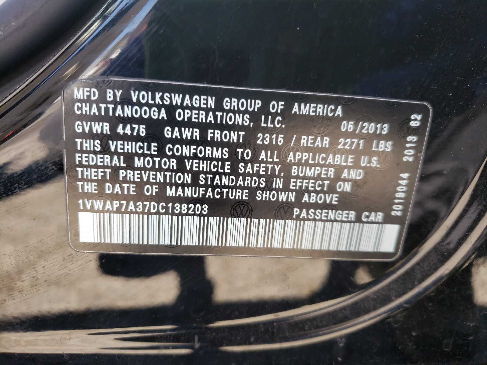 Photo 10 from auction – 2013 VOLKSWAGEN PASSAT S with VIN 1VWAP7A37DC138203