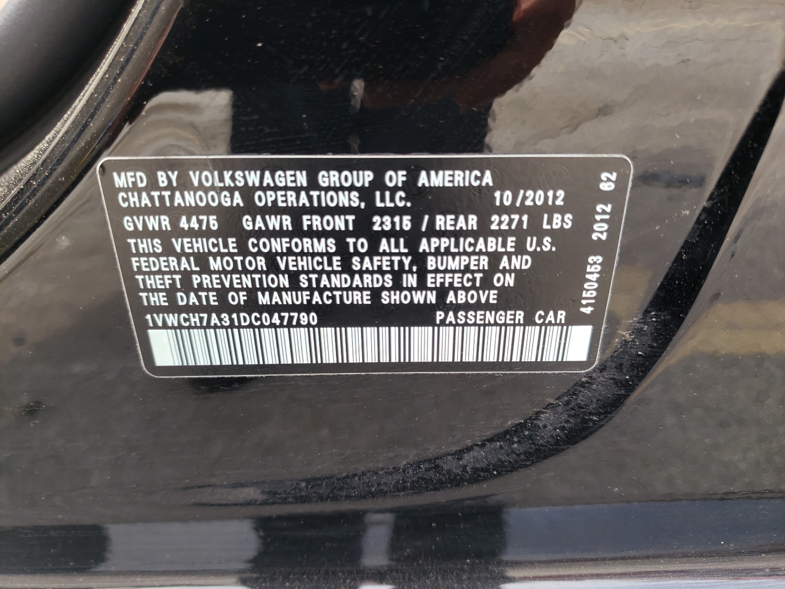 Photo 10 from auction – 2013 VOLKSWAGEN PASSAT SEL with VIN 1VWCH7A31DC047790
