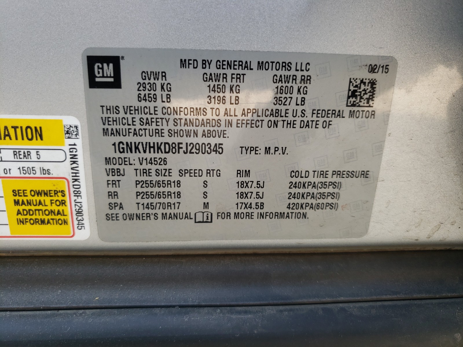 Photo 10 from auction – 2015 CHEVROLET TRAVERSE L with VIN 1GNKVHKD8FJ290345