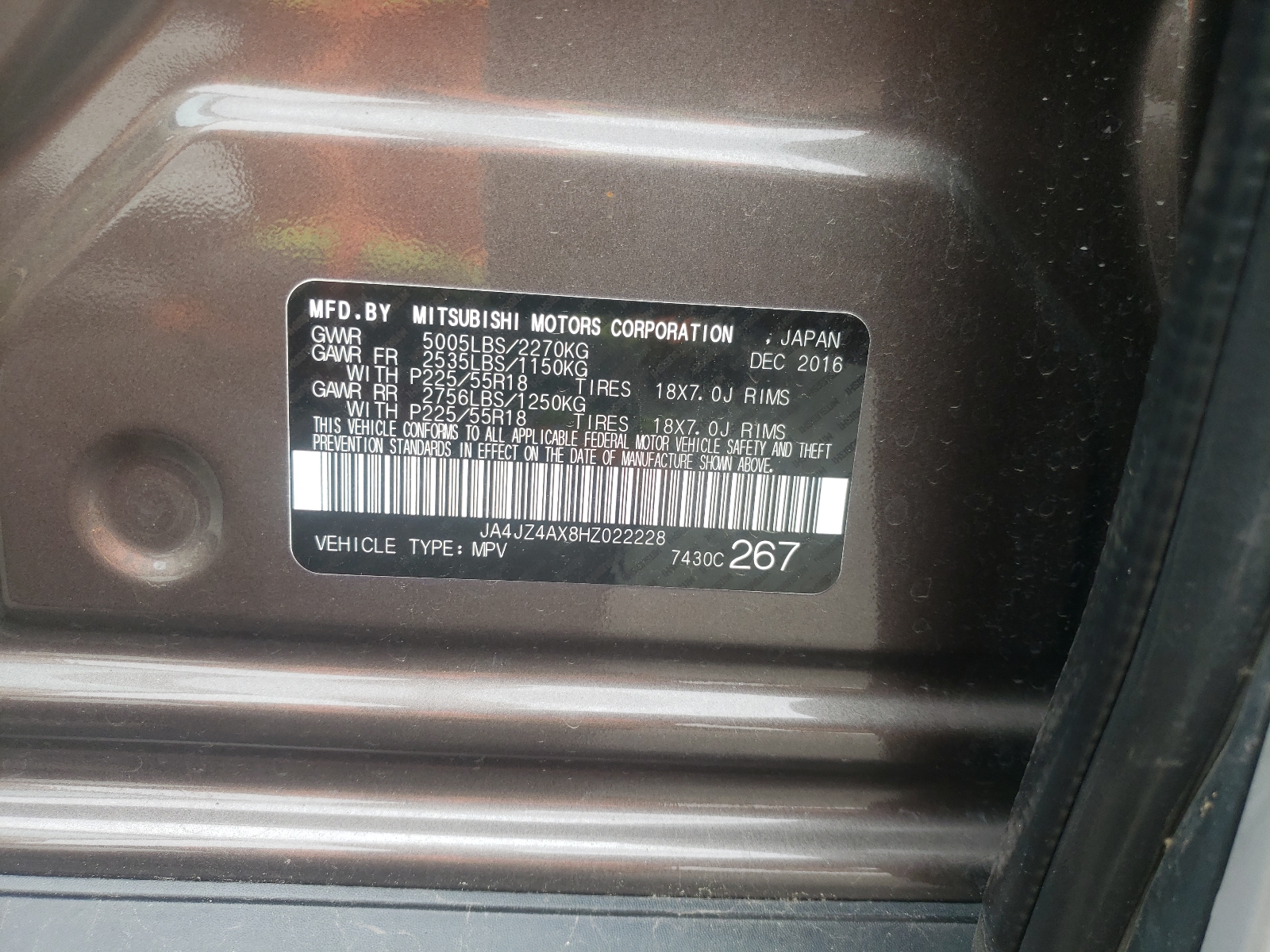 Photo 10 from auction – 2017 MITSUBISHI OUTLANDER with VIN JA4JZ4AX8HZ022228