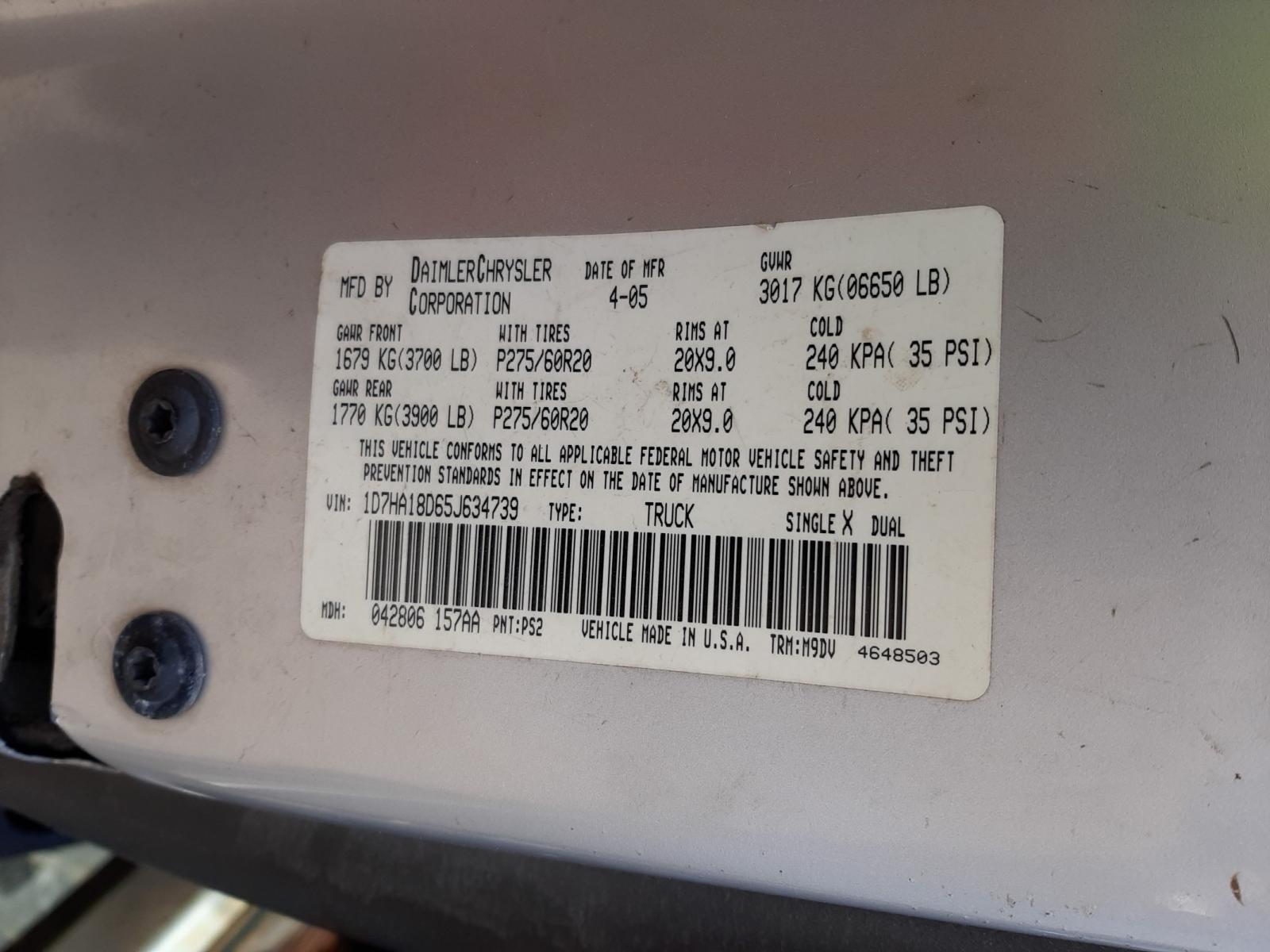 Photo 10 from auction – 2005 DODGE RAM 1500 S with VIN 1D7HA18D65J634739