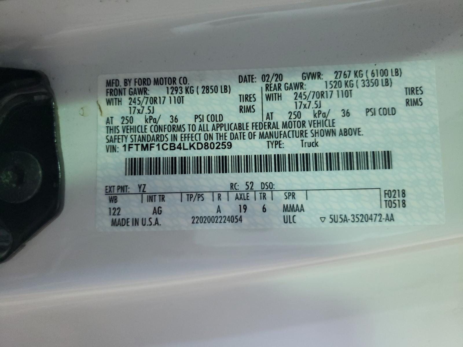 Photo 10 from auction – 2020 FORD F150 with VIN 1FTMF1CB4LKD80259