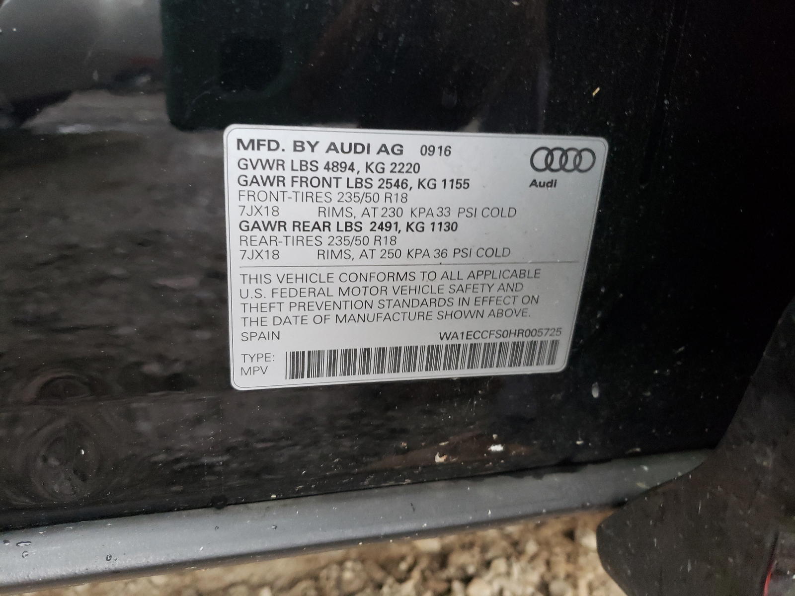 Photo 10 from auction – 2017 AUDI Q3 PREMIUM with VIN WA1ECCFS0HR005725