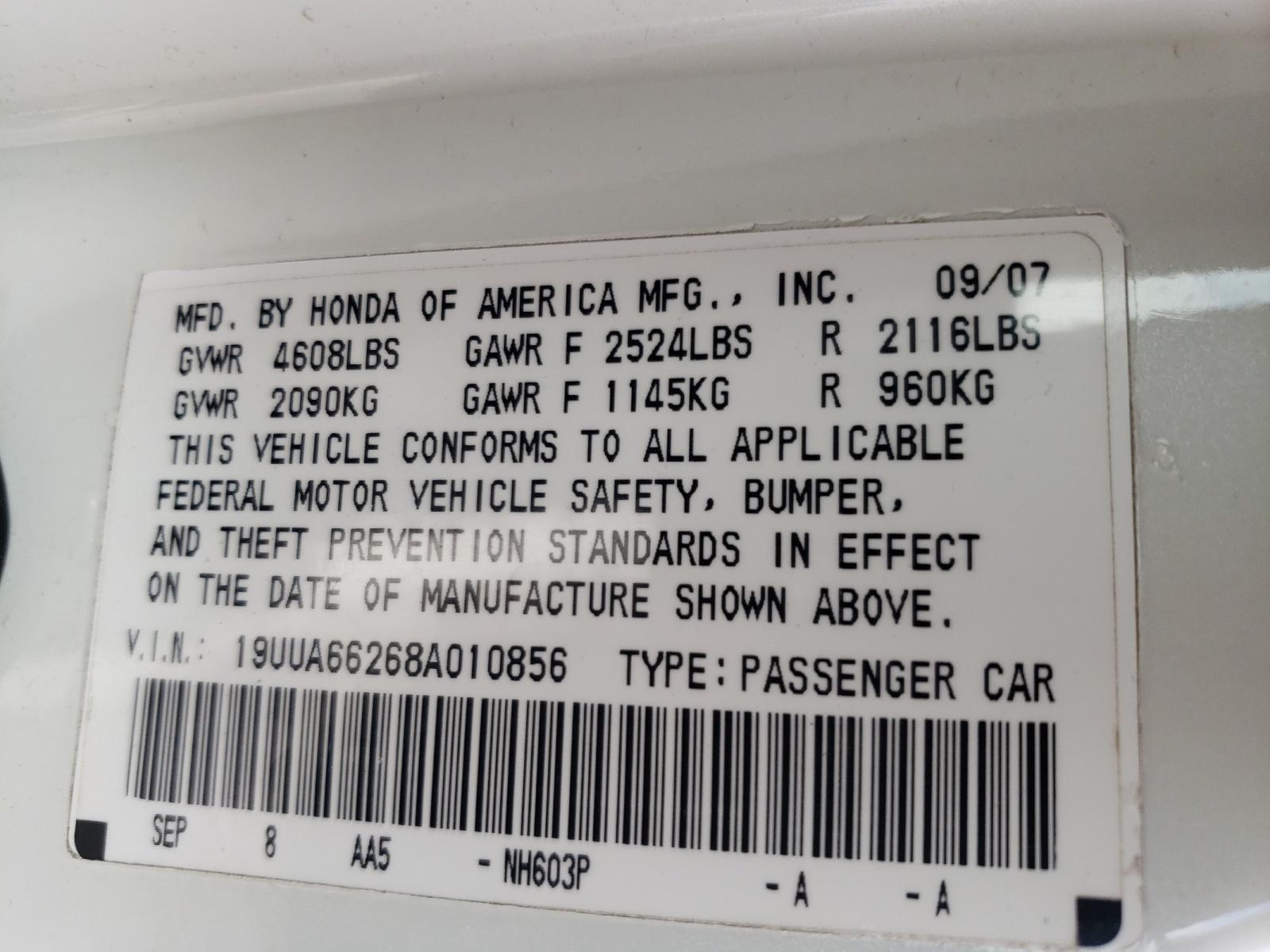 Photo 10 from auction – 2008 ACURA TL with VIN 19UUA66268A010856