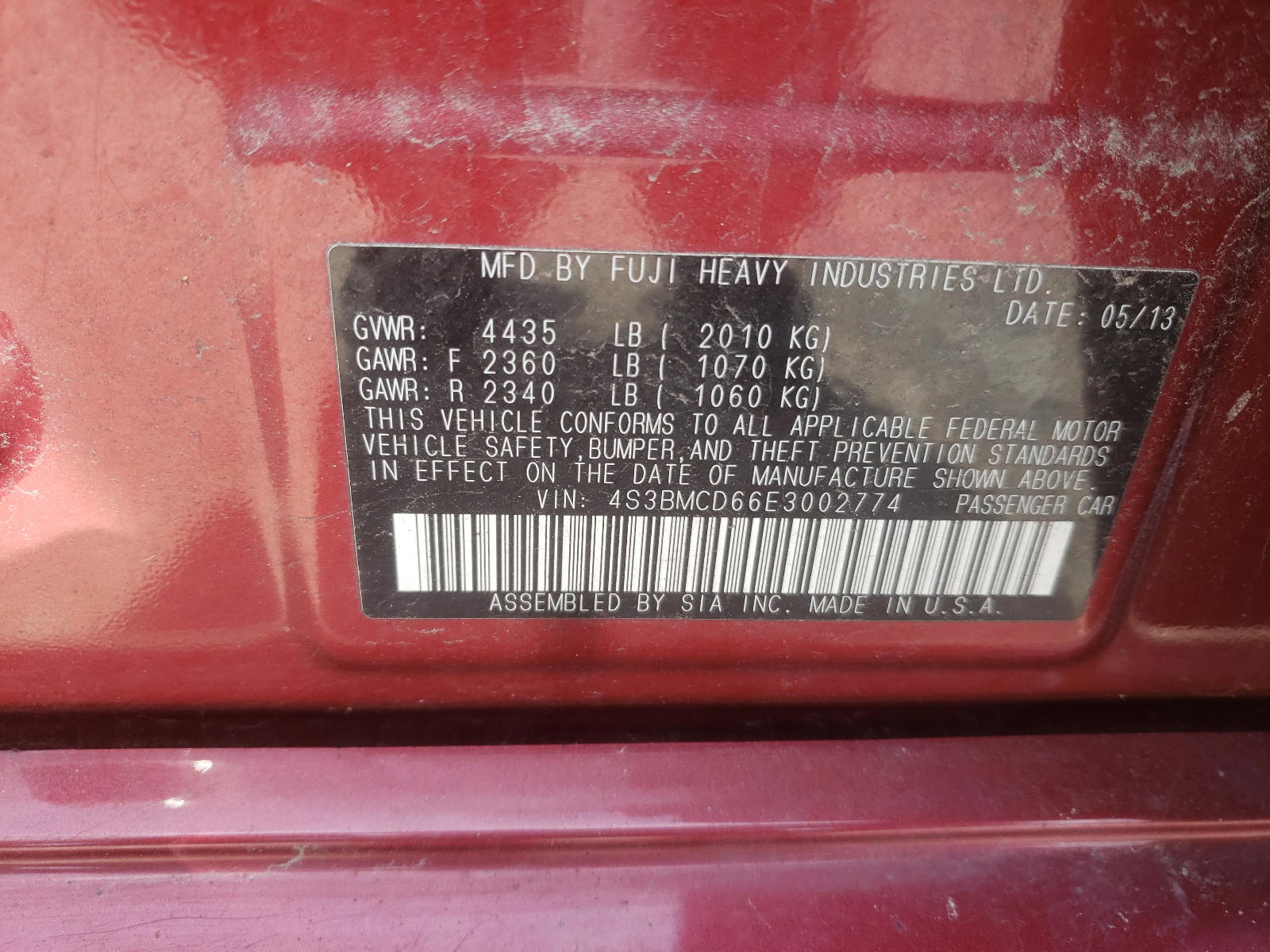 Photo 10 from auction – 2014 SUBARU LEGACY 2.5 with VIN 4S3BMCD66E3002774