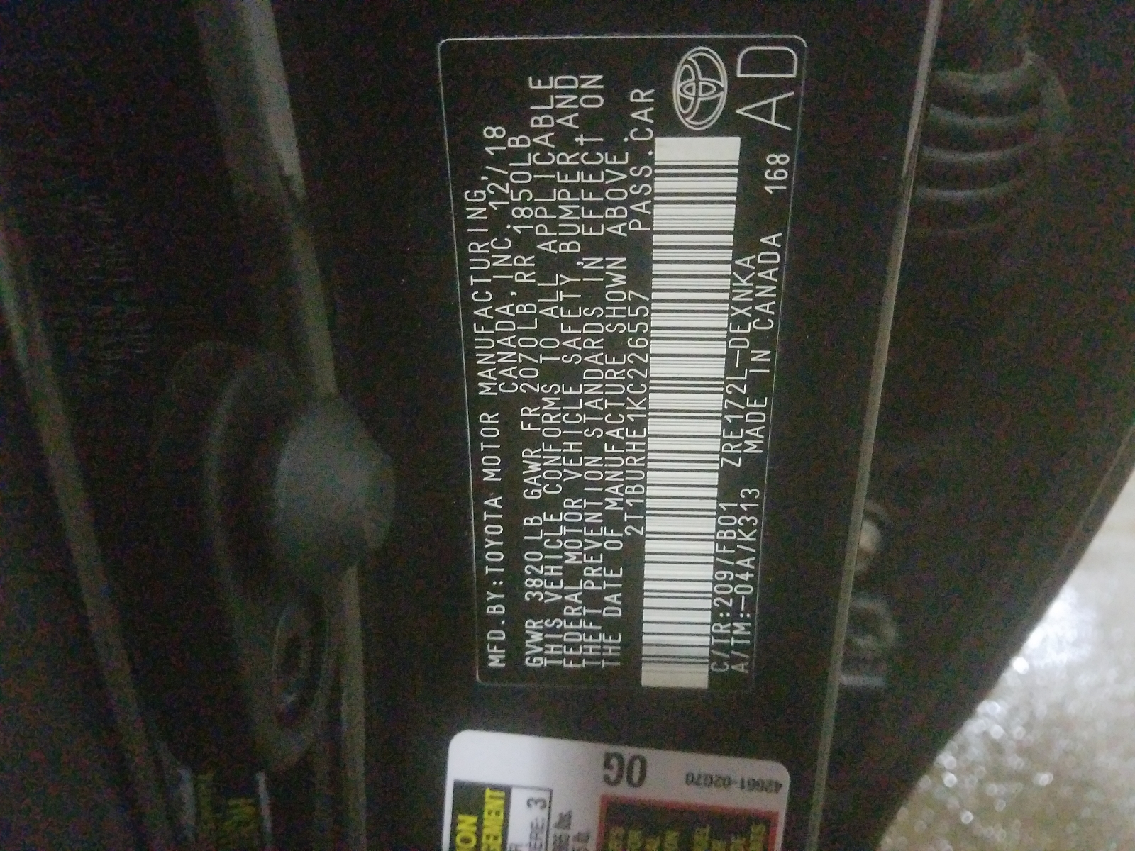 Photo 10 from auction – 2019 TOYOTA COROLLA L with VIN 2T1BURHE1KC226557