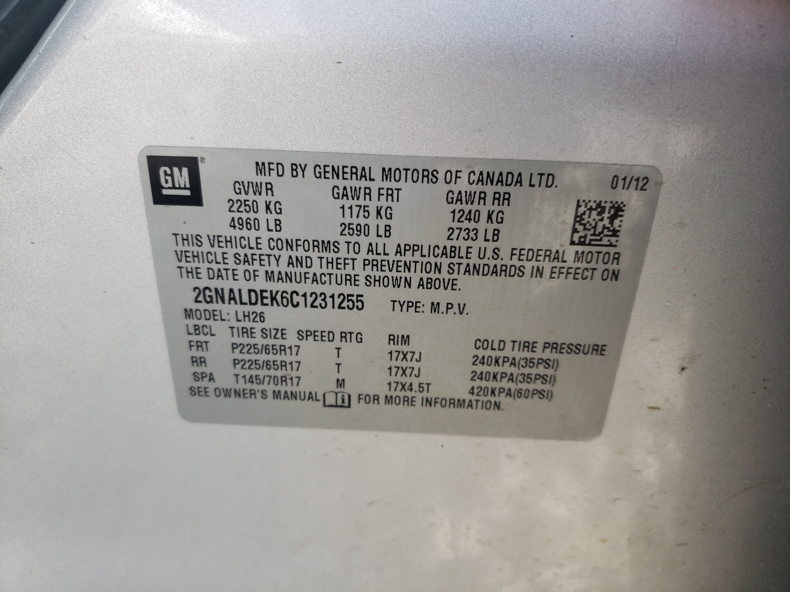 Photo 10 from auction – 2012 CHEVROLET EQUINOX LT with VIN 2GNALDEK6C1231255
