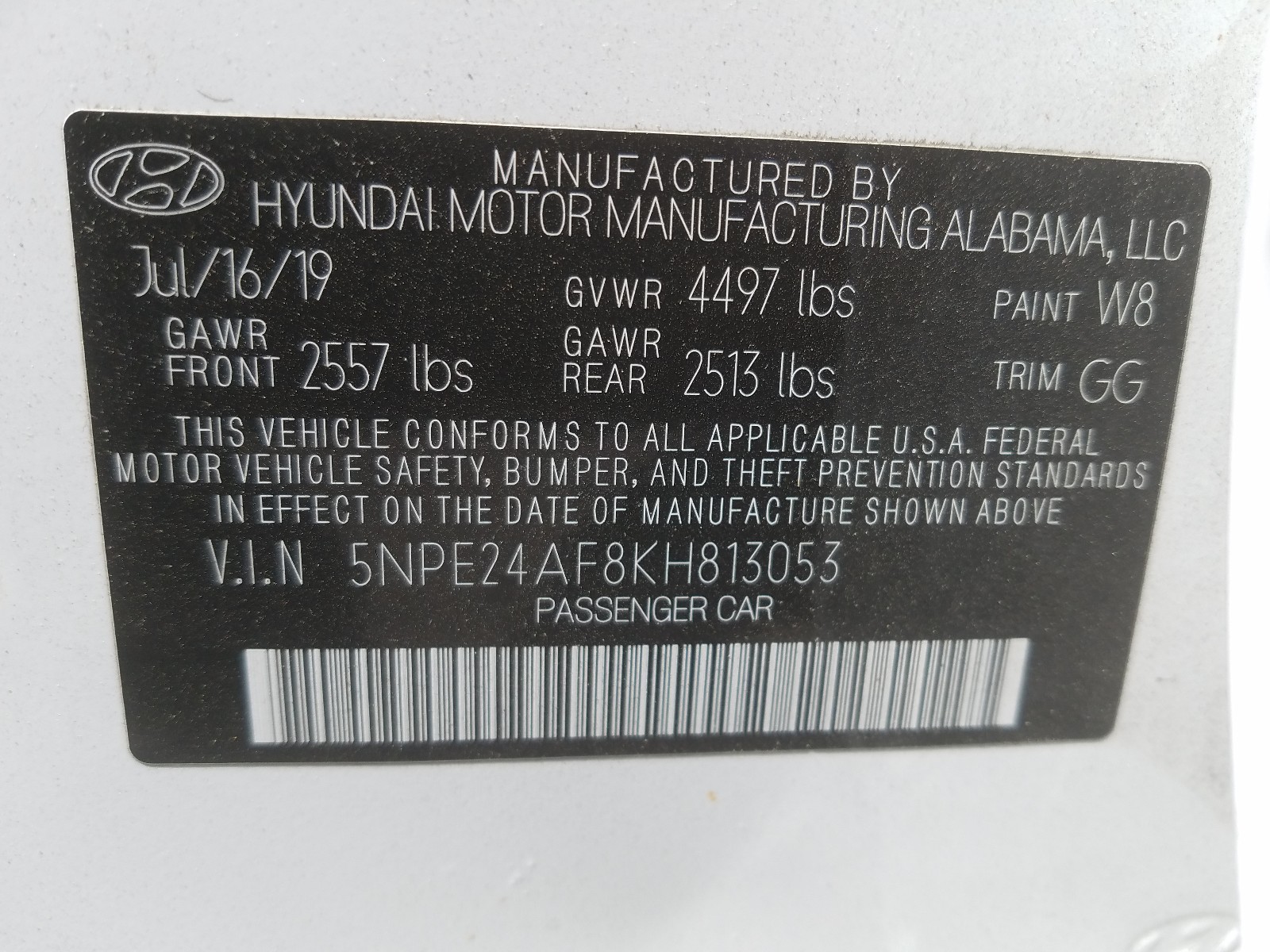 Photo 10 from auction – 2019 HYUNDAI SONATA SE with VIN 5NPE24AF8KH813053