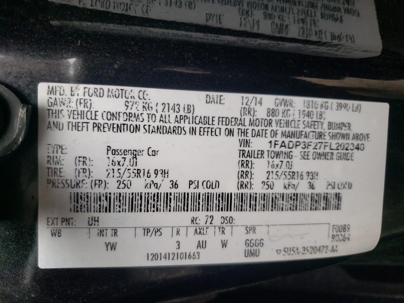 Photo 10 from auction – 2015 FORD FOCUS SE with VIN 1FADP3F27FL202340