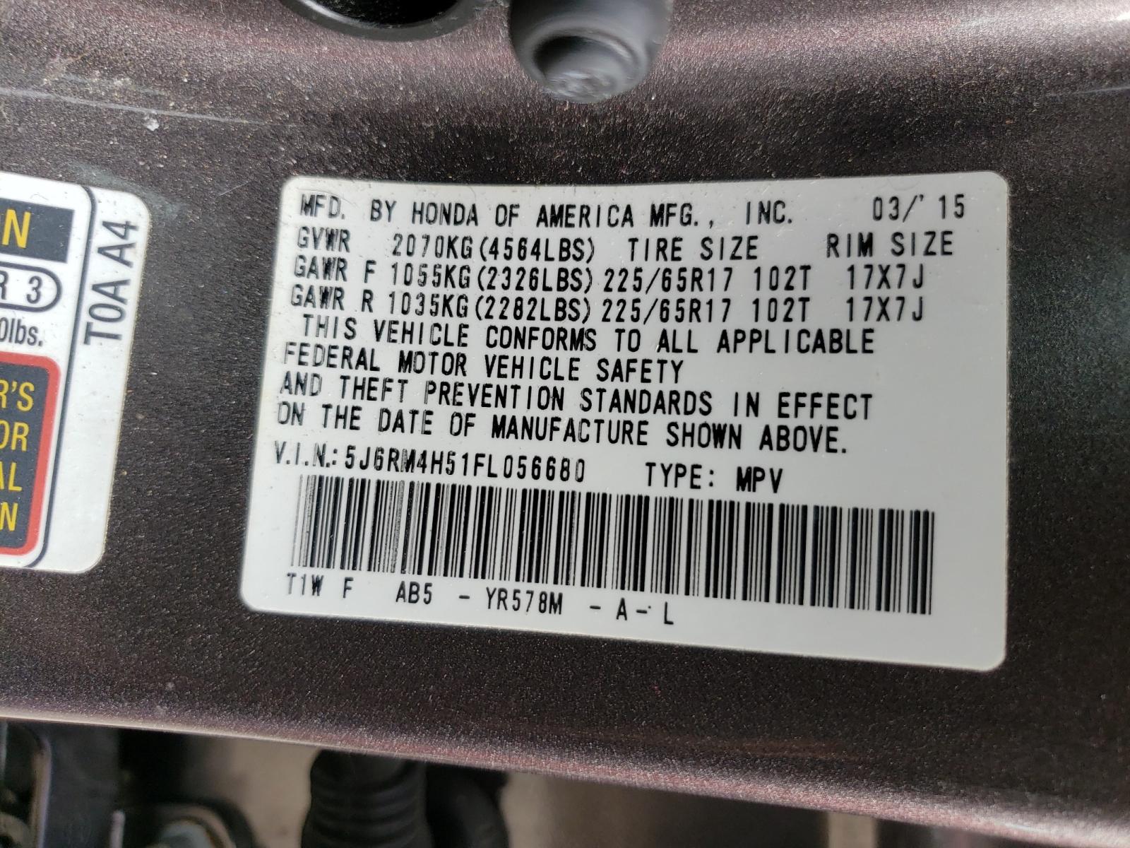 Photo 10 from auction – 2015 HONDA CR-V EX with VIN 5J6RM4H51FL056680