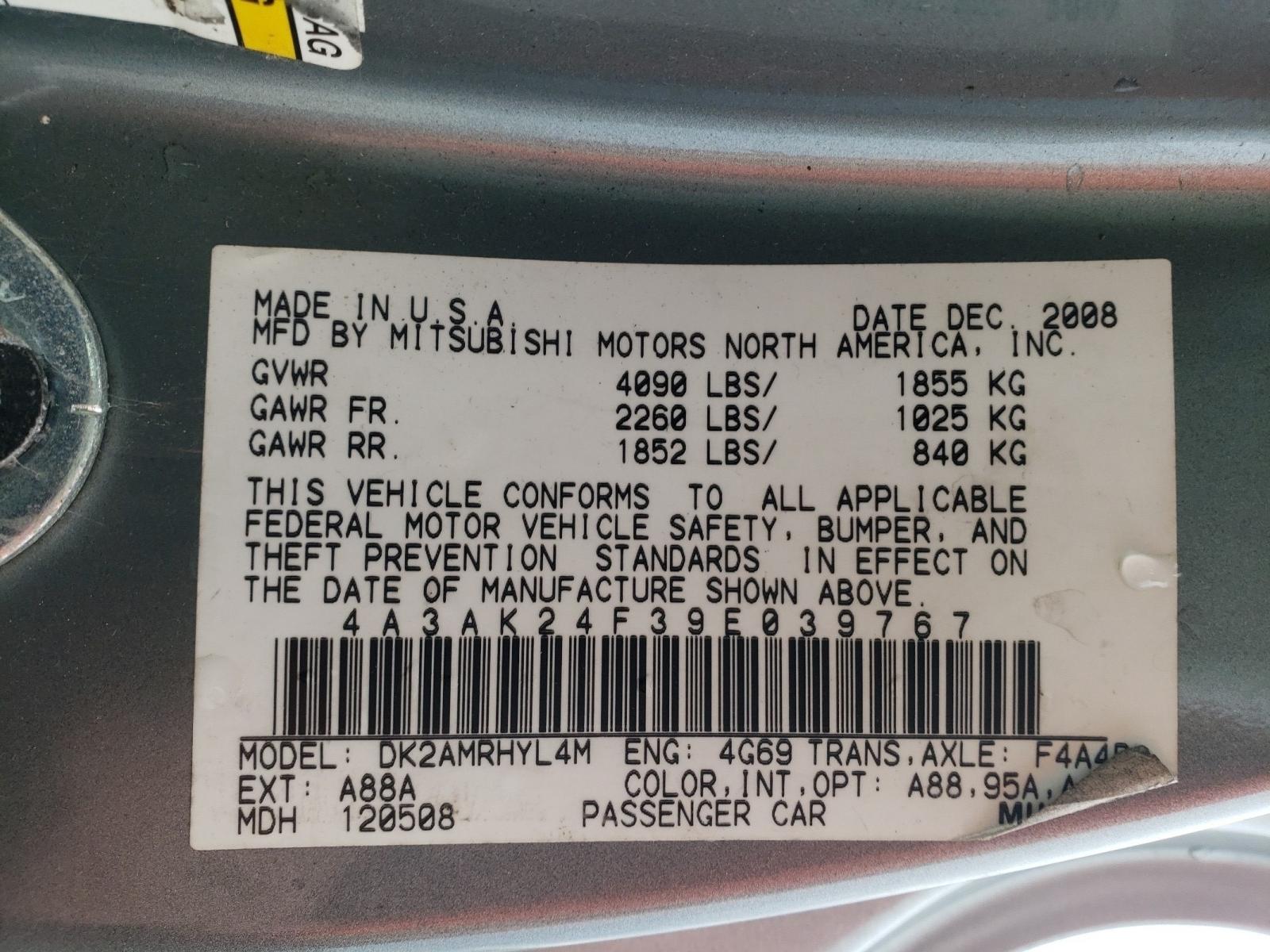 Photo 10 from auction – 2009 MITSUBISHI ECLIPSE GS with VIN 4A3AK24F39E039767