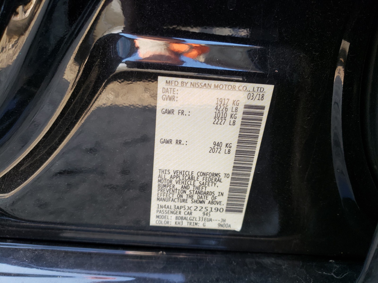 Photo 10 from auction – 2018 NISSAN ALTIMA 2.5 with VIN 1N4AL3AP5JC225190