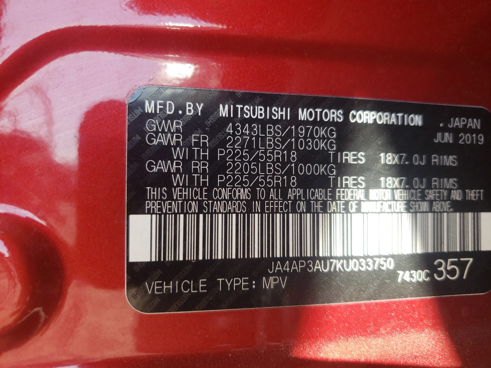 Photo 10 from auction – 2019 MITSUBISHI OUTLANDER with VIN JA4AP3AU7KU033750